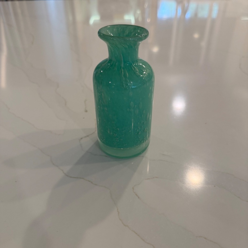 Teal Green Controlled Bubble Art Glass Bud Vase Swirl Rim Weighted Base